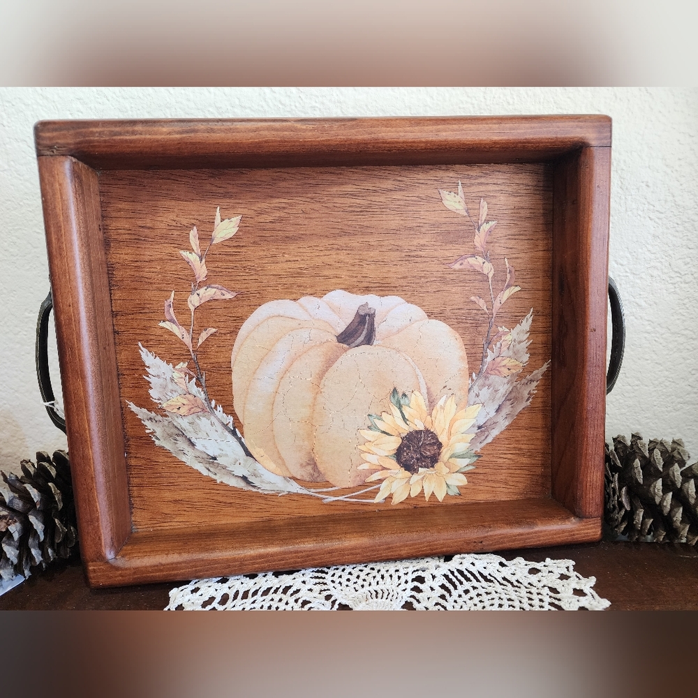 Vintage Wooden Tray with Pumpkin and Sunflower Design - Ornate Metal Handles